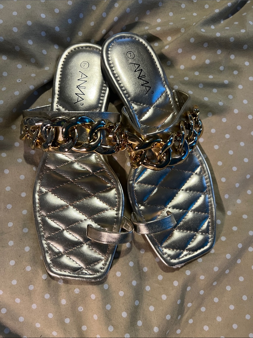 ANNA Quilted Metallic Gold Chain-Embellished Slide Sandals